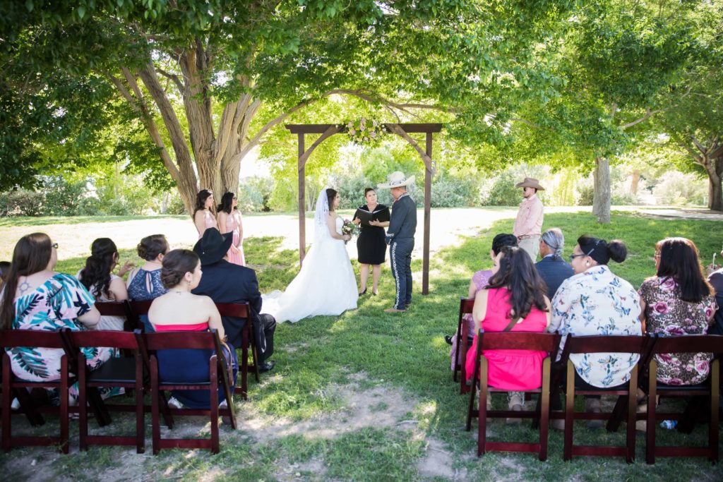 Bride, groom and guests at a Las Vegas wedding in Floyd Lamb Park.
