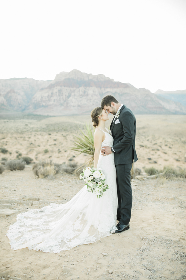 A just wed couple standing in front of Red Rock Canyon